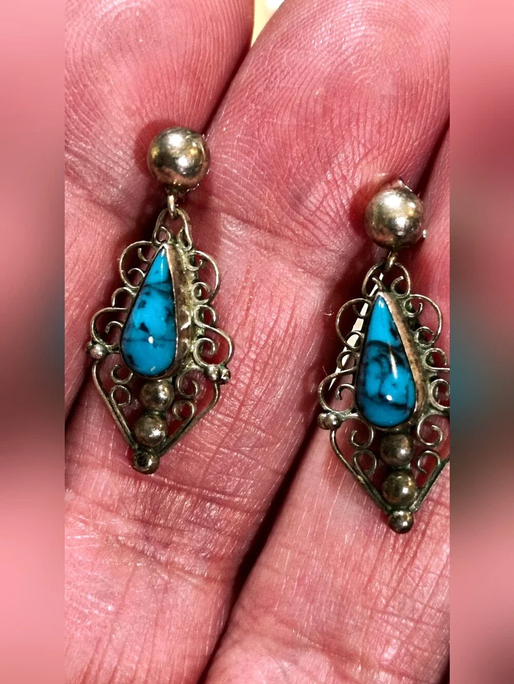 Vintage Sterling Silver Turquoise Teardrop Filigree Drop Signed Mexico Earrings